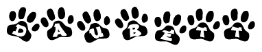 The image shows a row of animal paw prints, each containing a letter. The letters spell out the word Daubett within the paw prints.