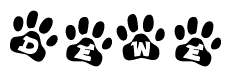 The image shows a row of animal paw prints, each containing a letter. The letters spell out the word Dewe within the paw prints.