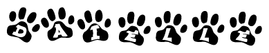The image shows a series of animal paw prints arranged in a horizontal line. Each paw print contains a letter, and together they spell out the word Daielle.