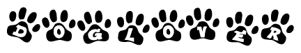 The image shows a row of animal paw prints, each containing a letter. The letters spell out the word Doglover within the paw prints.