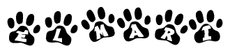 The image shows a series of animal paw prints arranged horizontally. Within each paw print, there's a letter; together they spell Elmari