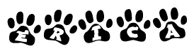 The image shows a series of animal paw prints arranged in a horizontal line. Each paw print contains a letter, and together they spell out the word Erica.