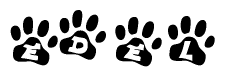 The image shows a row of animal paw prints, each containing a letter. The letters spell out the word Edel within the paw prints.