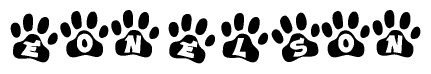 The image shows a series of animal paw prints arranged in a horizontal line. Each paw print contains a letter, and together they spell out the word Eonelson.