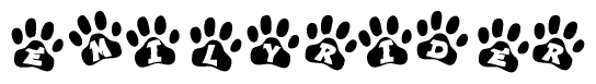 The image shows a series of animal paw prints arranged horizontally. Within each paw print, there's a letter; together they spell Emilyrider