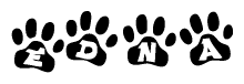 The image shows a row of animal paw prints, each containing a letter. The letters spell out the word Edna within the paw prints.