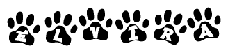 The image shows a row of animal paw prints, each containing a letter. The letters spell out the word Elvira within the paw prints.