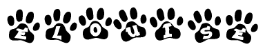 The image shows a row of animal paw prints, each containing a letter. The letters spell out the word Elouise within the paw prints.