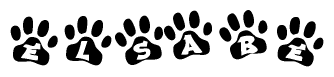 The image shows a series of animal paw prints arranged in a horizontal line. Each paw print contains a letter, and together they spell out the word Elsabe.