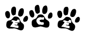 The image shows a series of animal paw prints arranged horizontally. Within each paw print, there's a letter; together they spell Ece