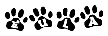 The image shows a row of animal paw prints, each containing a letter. The letters spell out the word Eula within the paw prints.