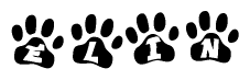 The image shows a series of animal paw prints arranged in a horizontal line. Each paw print contains a letter, and together they spell out the word Elin.