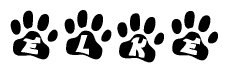 The image shows a series of animal paw prints arranged in a horizontal line. Each paw print contains a letter, and together they spell out the word Elke.