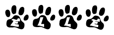 The image shows a row of animal paw prints, each containing a letter. The letters spell out the word Elle within the paw prints.