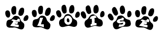 The image shows a series of animal paw prints arranged in a horizontal line. Each paw print contains a letter, and together they spell out the word Eloise.