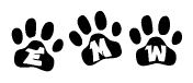 The image shows a series of animal paw prints arranged horizontally. Within each paw print, there's a letter; together they spell Emw