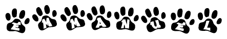 The image shows a row of animal paw prints, each containing a letter. The letters spell out the word Emmanuel within the paw prints.