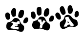 The image shows a series of animal paw prints arranged in a horizontal line. Each paw print contains a letter, and together they spell out the word Eya.