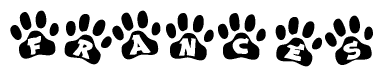 The image shows a series of animal paw prints arranged in a horizontal line. Each paw print contains a letter, and together they spell out the word Frances.