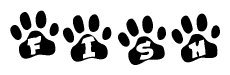 The image shows a row of animal paw prints, each containing a letter. The letters spell out the word Fish within the paw prints.