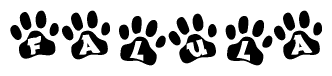 The image shows a series of animal paw prints arranged in a horizontal line. Each paw print contains a letter, and together they spell out the word Falula.