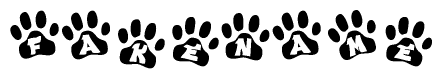 The image shows a series of animal paw prints arranged horizontally. Within each paw print, there's a letter; together they spell Fakename