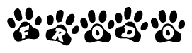 The image shows a series of animal paw prints arranged in a horizontal line. Each paw print contains a letter, and together they spell out the word Frodo.