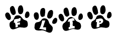 The image shows a row of animal paw prints, each containing a letter. The letters spell out the word Flip within the paw prints.