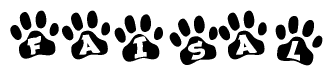 The image shows a row of animal paw prints, each containing a letter. The letters spell out the word Faisal within the paw prints.