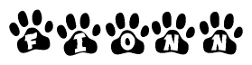The image shows a series of animal paw prints arranged horizontally. Within each paw print, there's a letter; together they spell Fionn