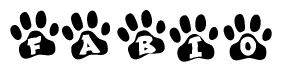 The image shows a series of animal paw prints arranged horizontally. Within each paw print, there's a letter; together they spell Fabio