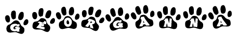 The image shows a series of animal paw prints arranged horizontally. Within each paw print, there's a letter; together they spell Georganna