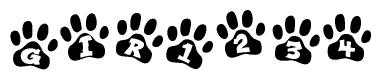 The image shows a series of animal paw prints arranged in a horizontal line. Each paw print contains a letter, and together they spell out the word Gir1234.