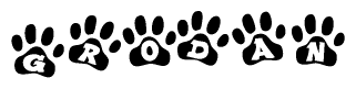 The image shows a series of animal paw prints arranged in a horizontal line. Each paw print contains a letter, and together they spell out the word Grodan.