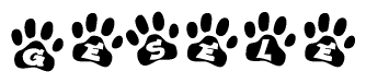 The image shows a series of animal paw prints arranged horizontally. Within each paw print, there's a letter; together they spell Gesele
