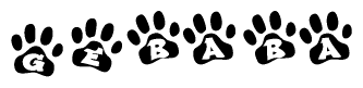 The image shows a series of animal paw prints arranged in a horizontal line. Each paw print contains a letter, and together they spell out the word Gebaba.