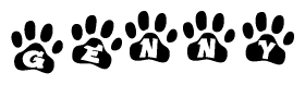The image shows a series of animal paw prints arranged in a horizontal line. Each paw print contains a letter, and together they spell out the word Genny.