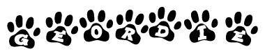The image shows a series of animal paw prints arranged in a horizontal line. Each paw print contains a letter, and together they spell out the word Geordie.
