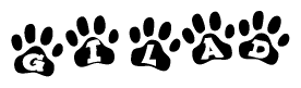 The image shows a series of animal paw prints arranged in a horizontal line. Each paw print contains a letter, and together they spell out the word Gilad.