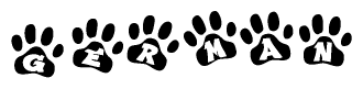 The image shows a row of animal paw prints, each containing a letter. The letters spell out the word German within the paw prints.