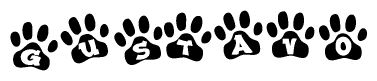 The image shows a series of animal paw prints arranged in a horizontal line. Each paw print contains a letter, and together they spell out the word Gustavo.