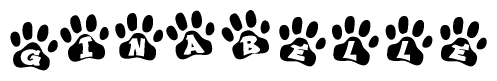 The image shows a series of animal paw prints arranged horizontally. Within each paw print, there's a letter; together they spell Ginabelle