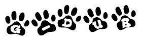 The image shows a series of animal paw prints arranged horizontally. Within each paw print, there's a letter; together they spell G-dub