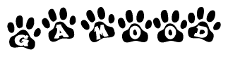 The image shows a series of animal paw prints arranged in a horizontal line. Each paw print contains a letter, and together they spell out the word Gamood.