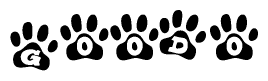 The image shows a row of animal paw prints, each containing a letter. The letters spell out the word Goodo within the paw prints.