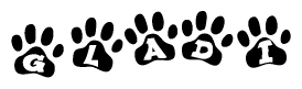 The image shows a row of animal paw prints, each containing a letter. The letters spell out the word Gladi within the paw prints.