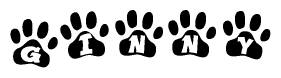 The image shows a series of animal paw prints arranged horizontally. Within each paw print, there's a letter; together they spell Ginny