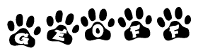 The image shows a row of animal paw prints, each containing a letter. The letters spell out the word Geoff within the paw prints.