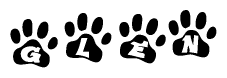 The image shows a series of animal paw prints arranged in a horizontal line. Each paw print contains a letter, and together they spell out the word Glen.