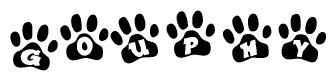 The image shows a row of animal paw prints, each containing a letter. The letters spell out the word Gouphy within the paw prints.
